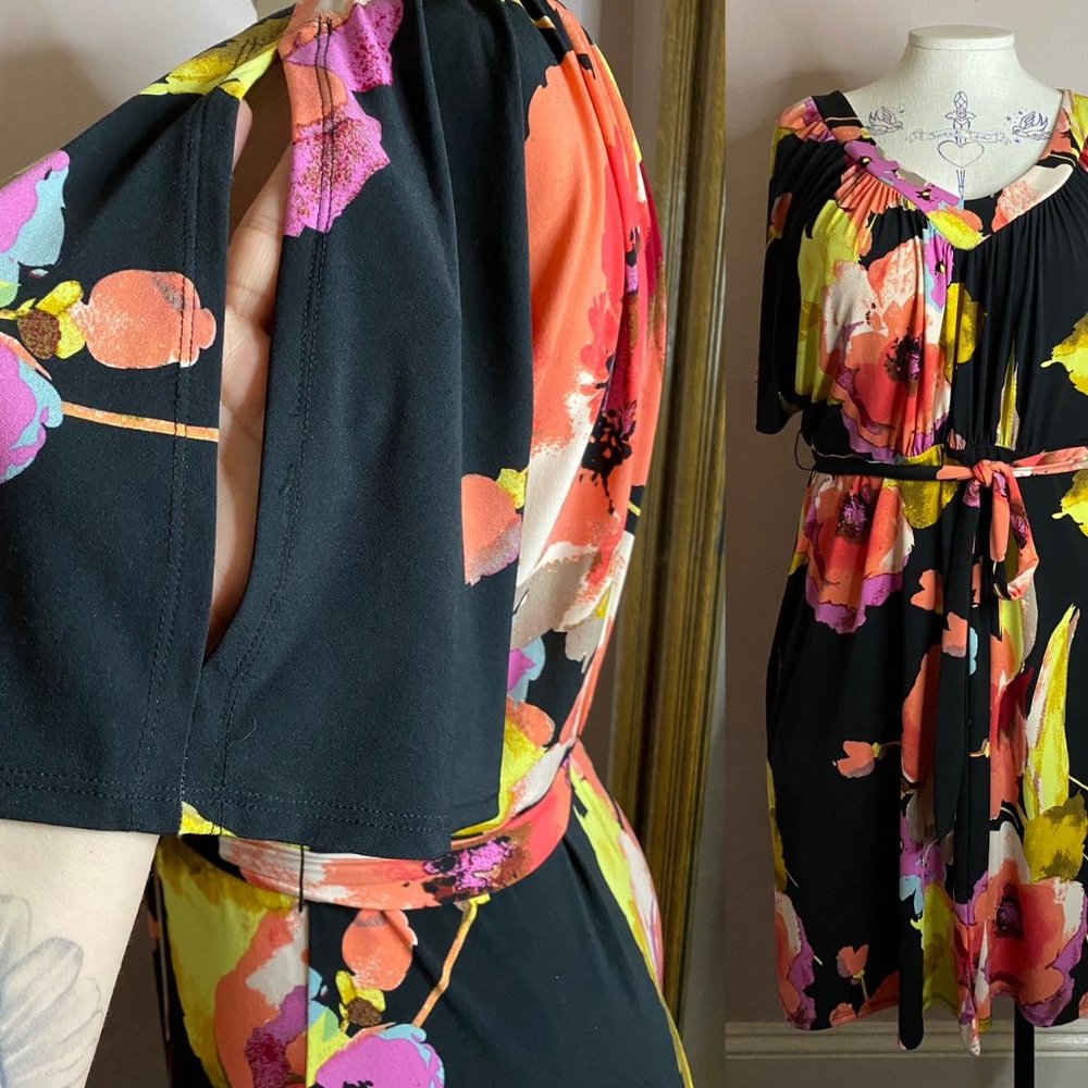 STRETCH BRIGHT FLORAL print dress black knit 18 20